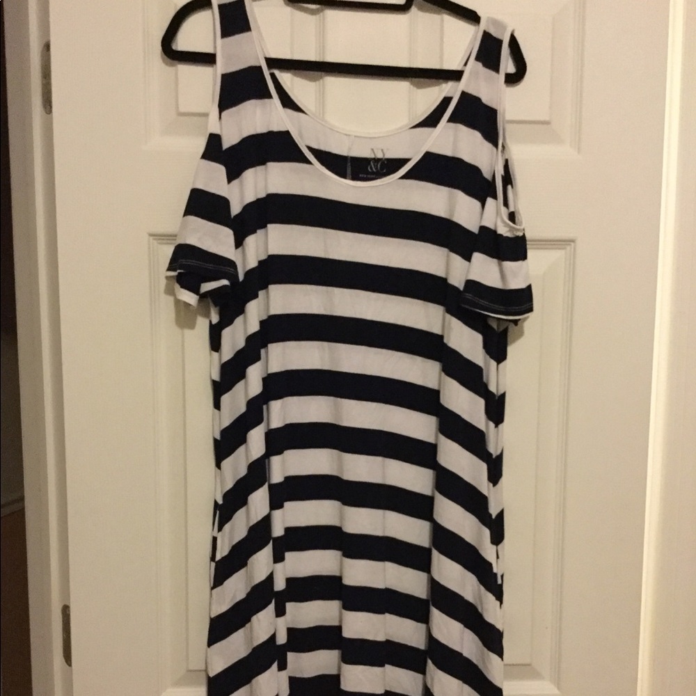 Navy and White Cold Shoulder Swing Dress